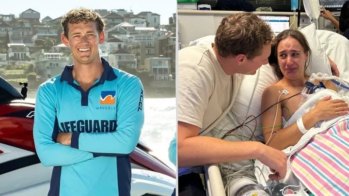 A picture of a lifesaver next to a picture of a man and woman in hospital looking emotional.