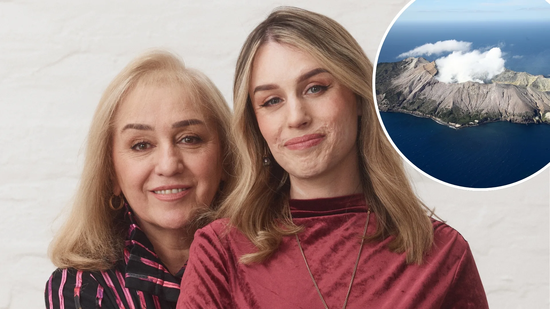 Two women and an inset photo of a volcano