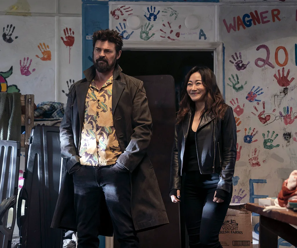 Billy Butcher (Karl Urban) and Kimiko (Karen Fukuhara) in a scene from The Boys.