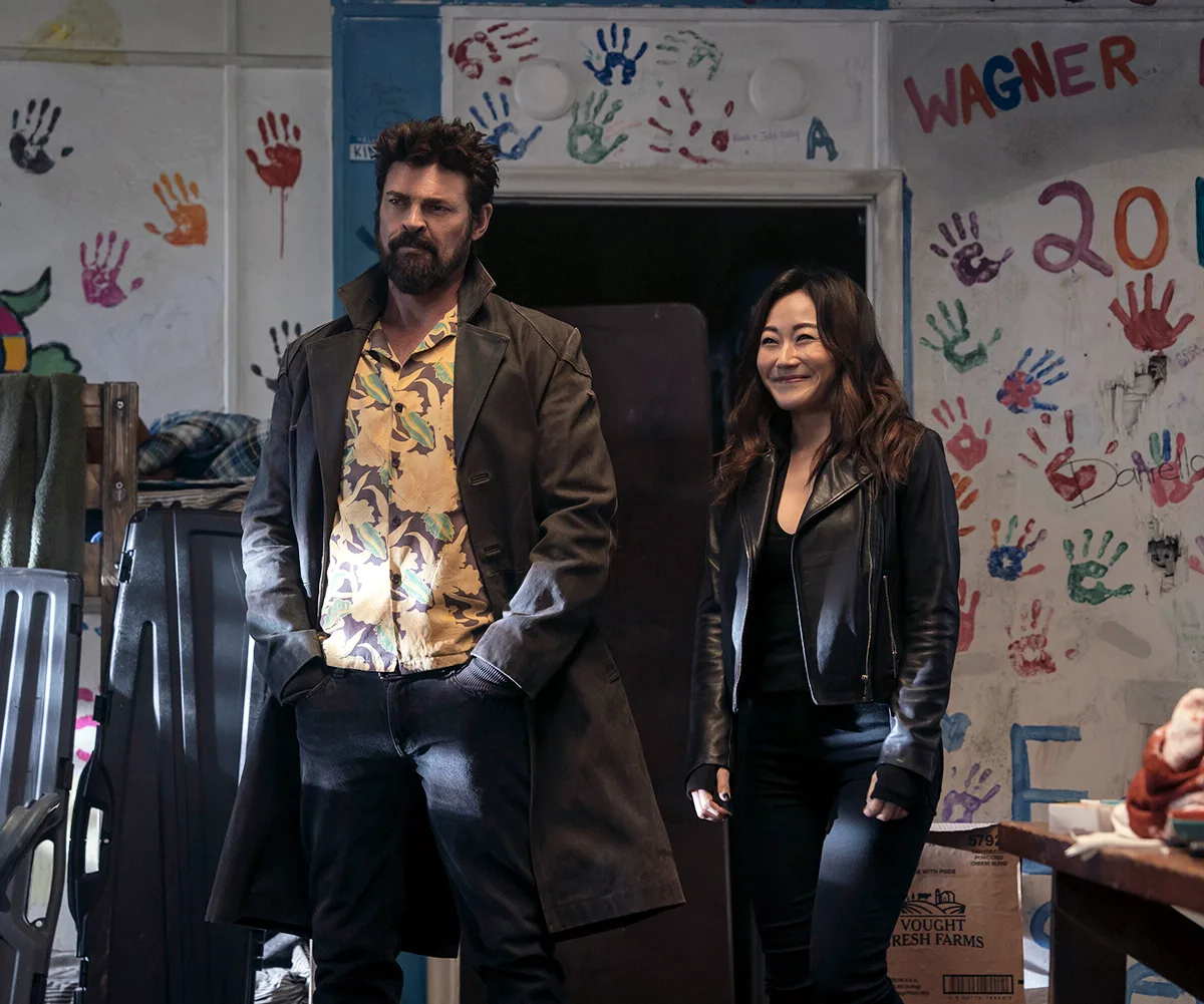 Billy Butcher (Karl Urban) and Kimiko (Karen Fukuhara) in a scene from The Boys.
