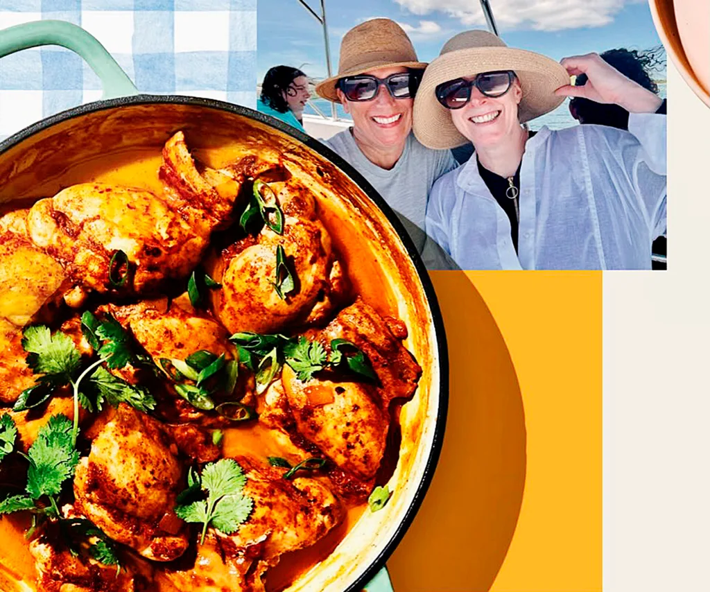 A dish of food, with a small inset photo of Leigh and another woman