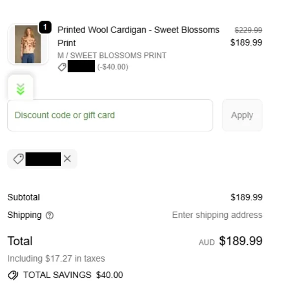 A screenshot of how we test discount codes validity at a retailers check out. 