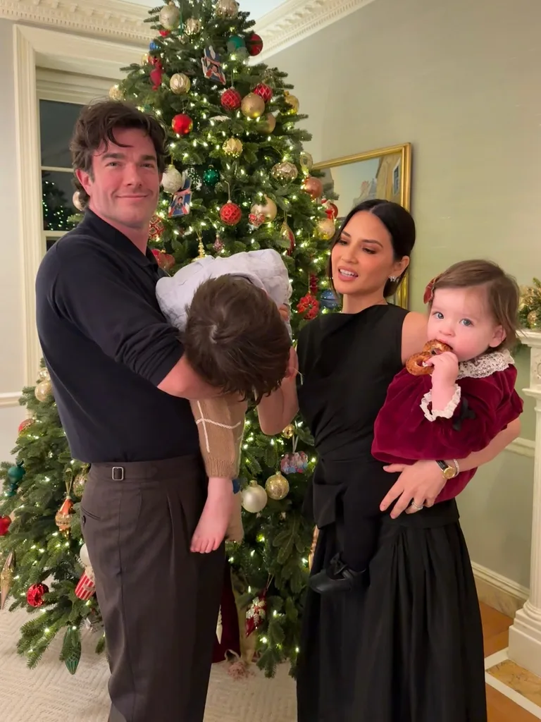 Olivia Munn and husband John Mulaney with their two kids at Christmas