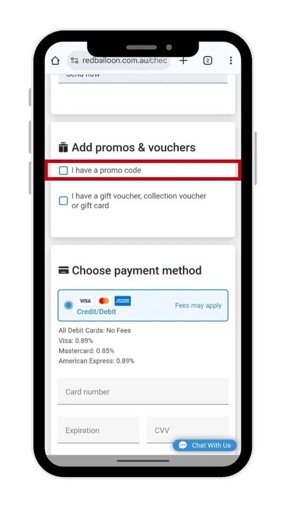 The RedBalloon discount code field at checkout is revealed after selecting 'I have a promo code'