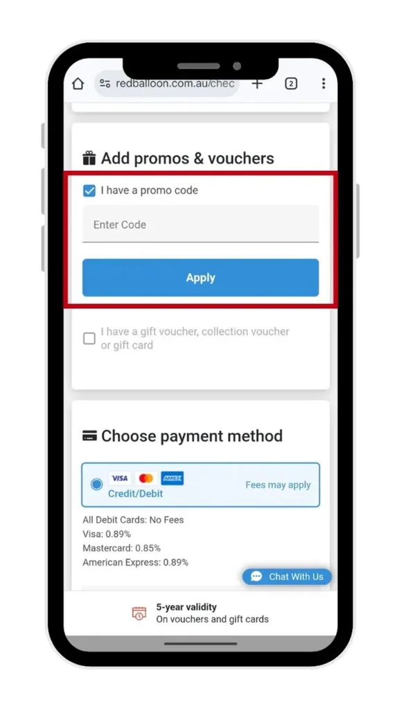 The RedBalloon discount code field at checkout