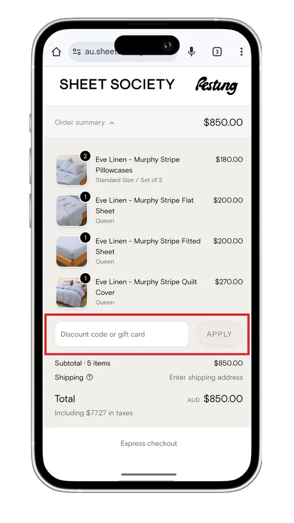 Sheet Society discount code field at checkout