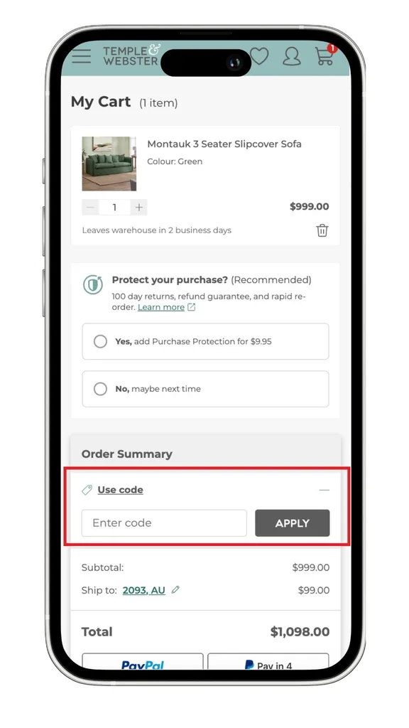 The Temple and Webster discount code field at checkout.