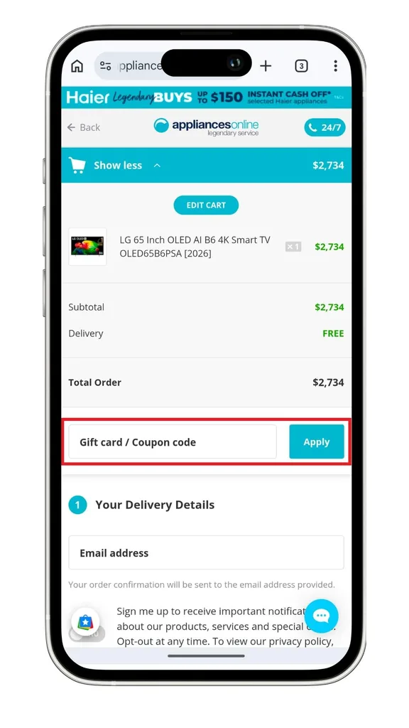 Appliances online discount code: the field where you add a code at the checkout on mobile, which is similar on desktop.
