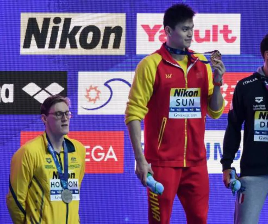 Mack Horton beside Sun Yang refusing to get on the podium at the 2019 World Championships.