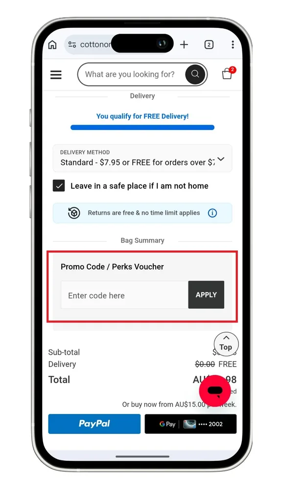 The Cotton On discount code field in the bag summary, where you can enter the code before going to the checkout