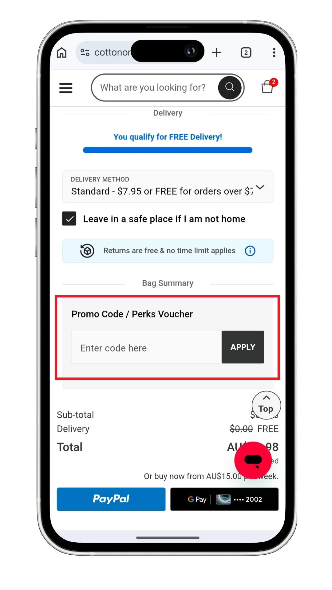 The Cotton On discount code field in the bag summary, where you can enter the code before going to the checkout