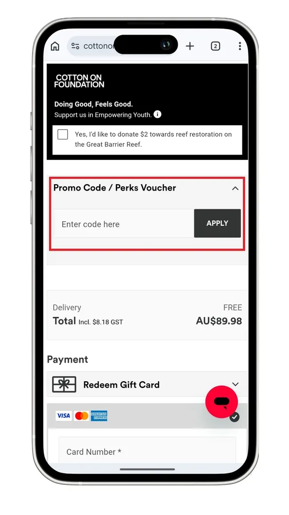 The Cotton On discount code field at checkout, after expanding the section titled 'Promo code / Perks Voucher'.