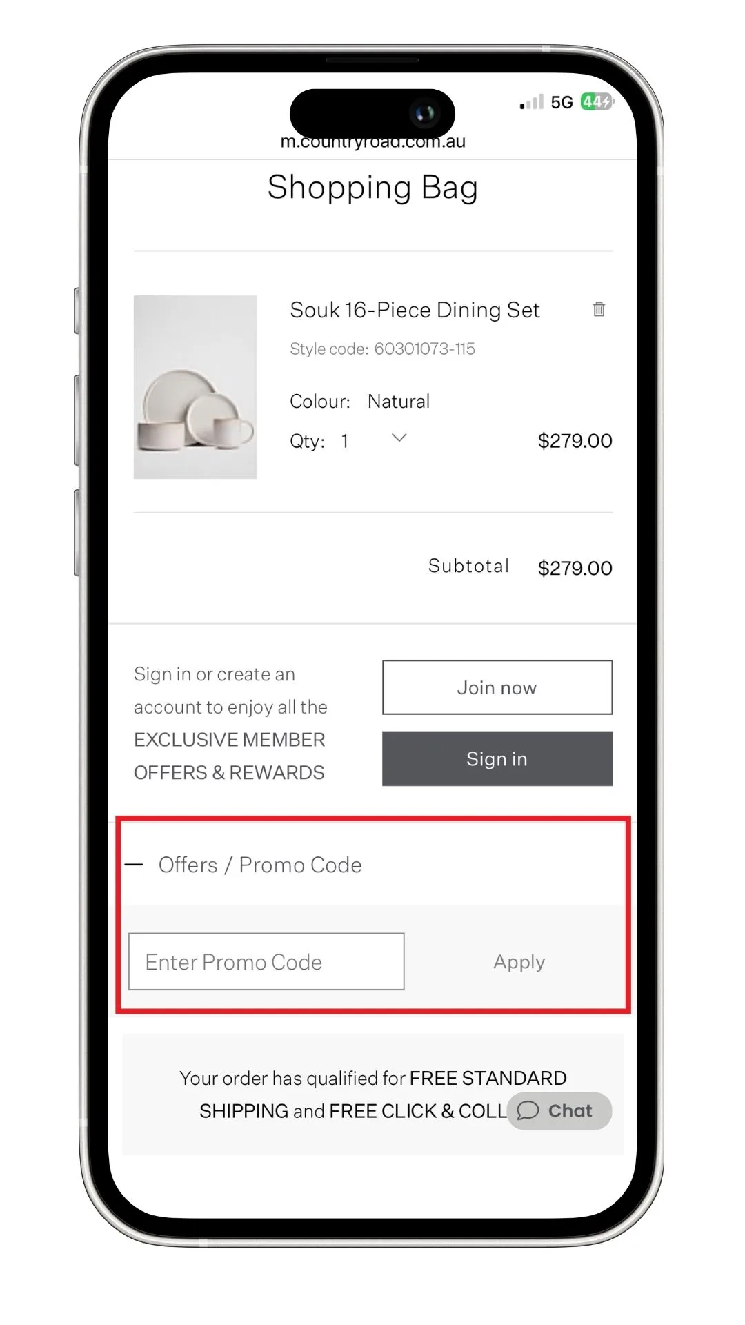 A screenshot I took on mobile showing where to add a Country Road discount code at the checkout.