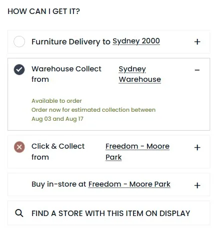 Freedom discount code: a screenshot showing free warehouse collection in Sydney.