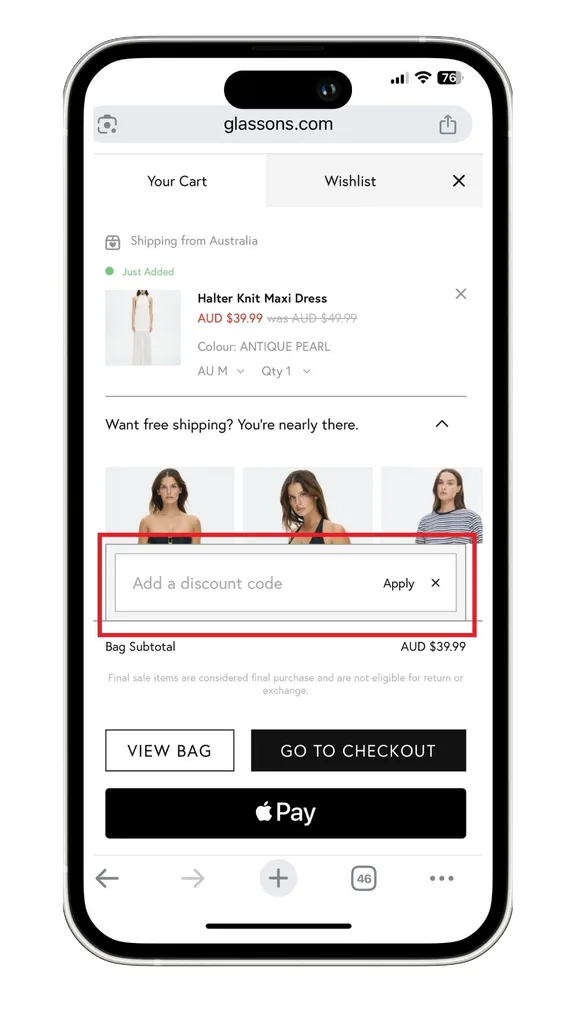 The field where you add a Glassons discount code in your cart on mobile.