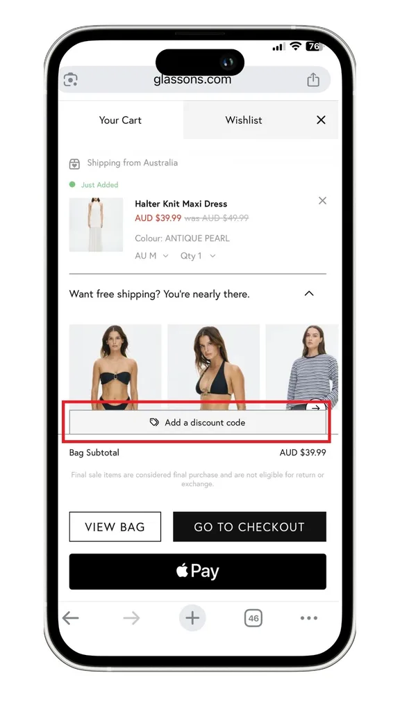A Glassons can be entered from your cart by first clicking on 'Add a discount code', highlighted in this screenshot on mobile.