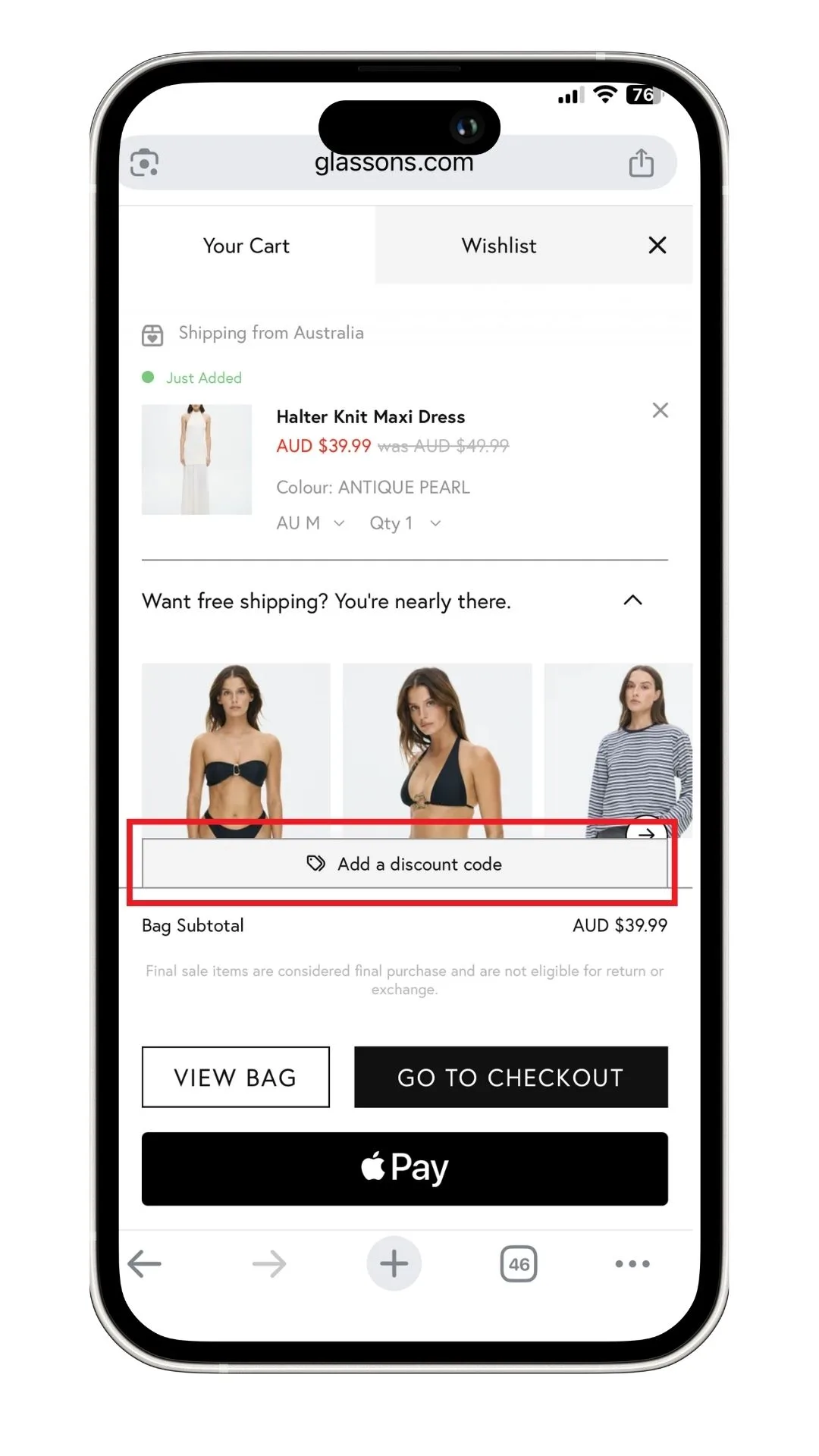 A Glassons can be entered from your cart by first clicking on 'Add a discount code', highlighted in this screenshot on mobile.