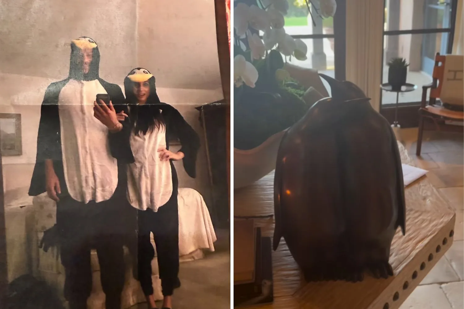 Prince Harry and Meghan, Duchess of Sussex as penguins, and the penguin statue