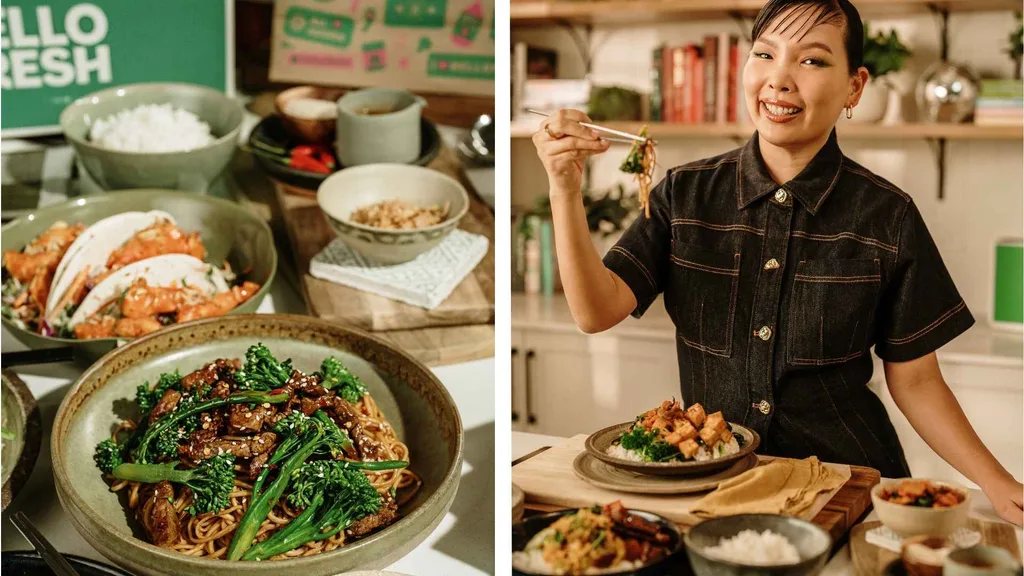 HelloFresh K-Pop Dinner Hunters: left is an image of a selection of the meals and right is Dami Im in a kitchen eating the HelloFresh meals