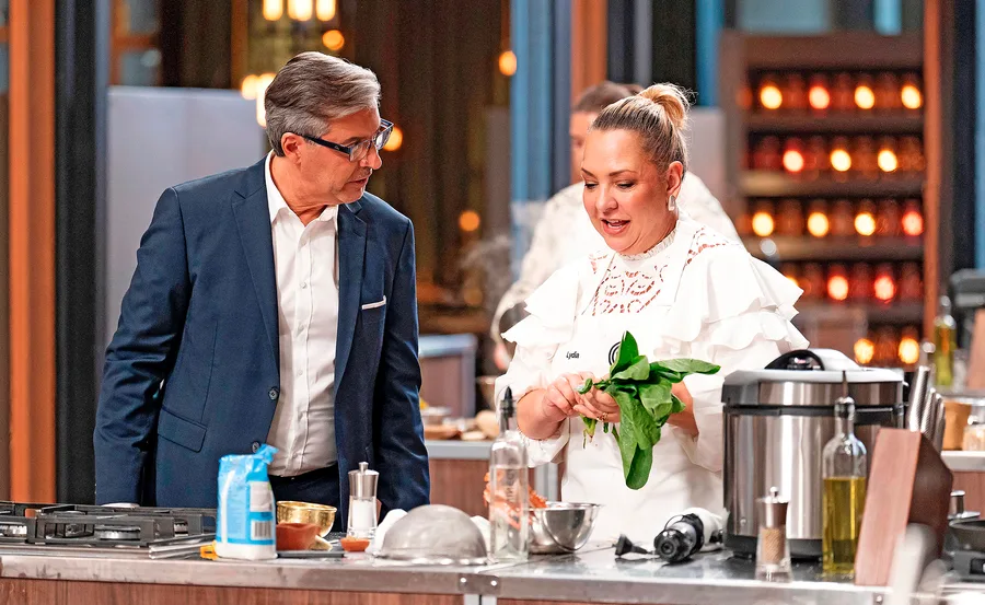 Lydia Kamperos in the MasterChef Australia kitchen with Jean-Christophe Novelli.