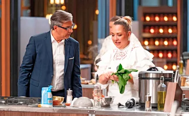 Lydia Kamperos in the MasterChef Australia kitchen with Jean-Christophe Novelli.