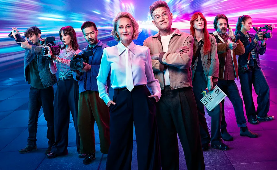 Zan Rowe and John Safran stand in front of the cast of Race Around The World