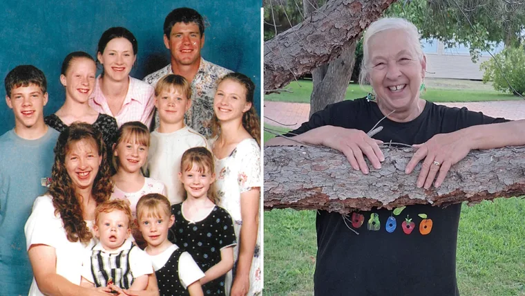 Two images side by side. A family portrait and an image of an older woman.