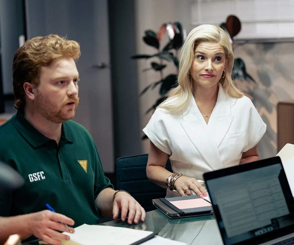 Dylan Murphy as Jameson and Lucy Durack as Angela in ABC comedy Ground Up.