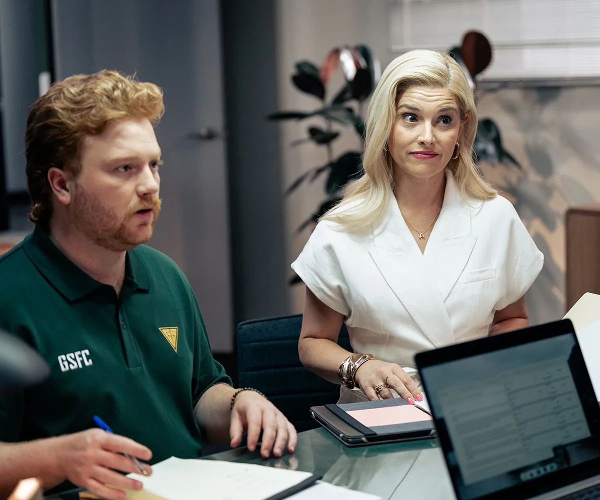 Dylan Murphy as Jameson and Lucy Durack as Angela in ABC comedy Ground Up.