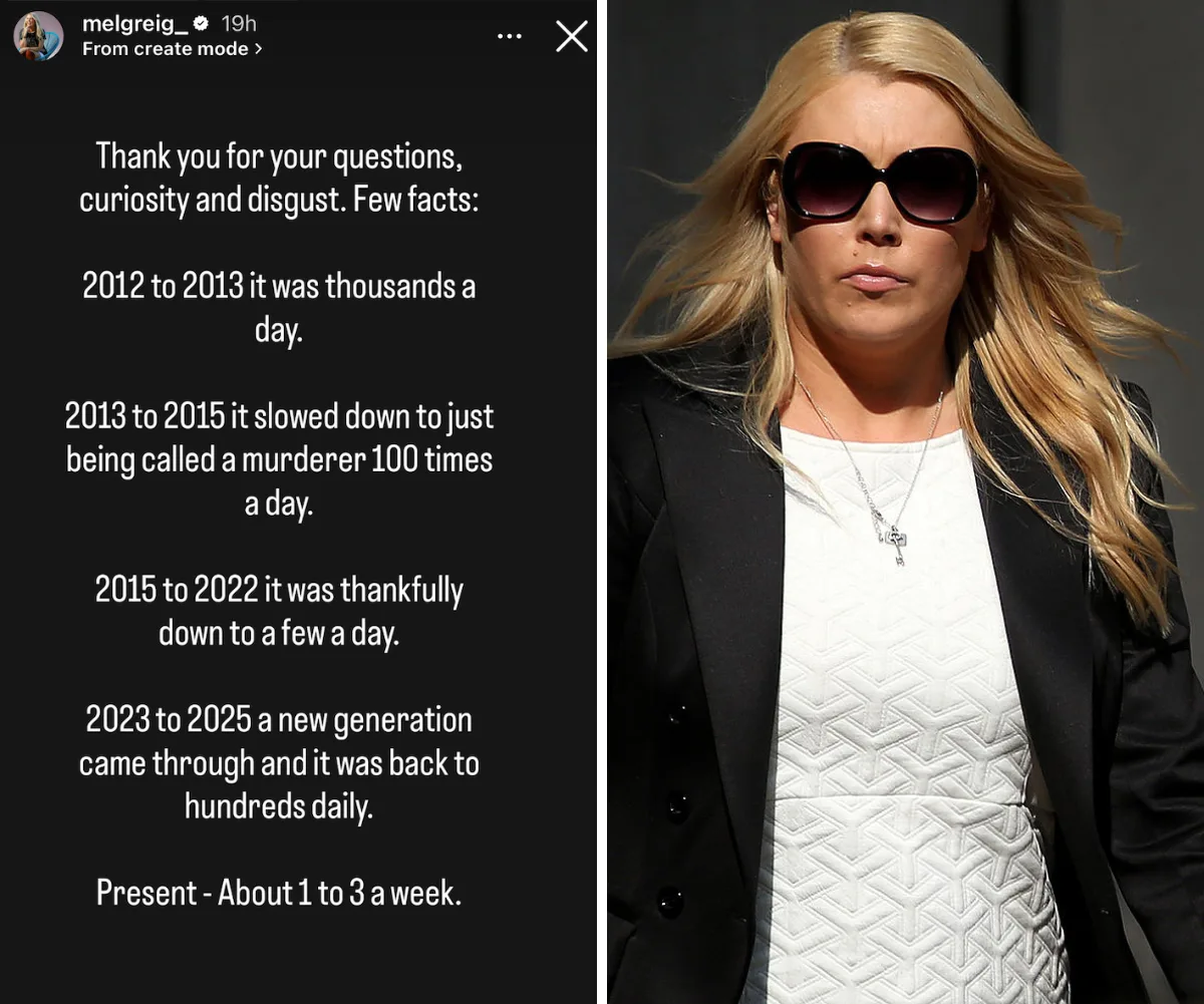 Mel Greig's Instagram statement about online abuse alongside a photo of Mel Greig in 2014 at Jacintha's inquest