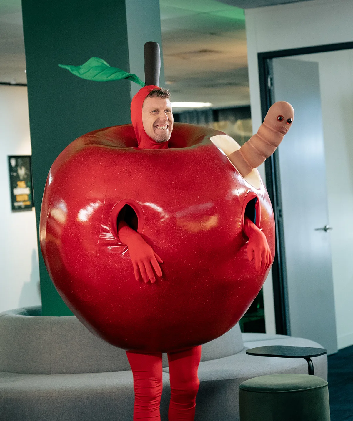 David Quirk plays mascot Adam the apple.