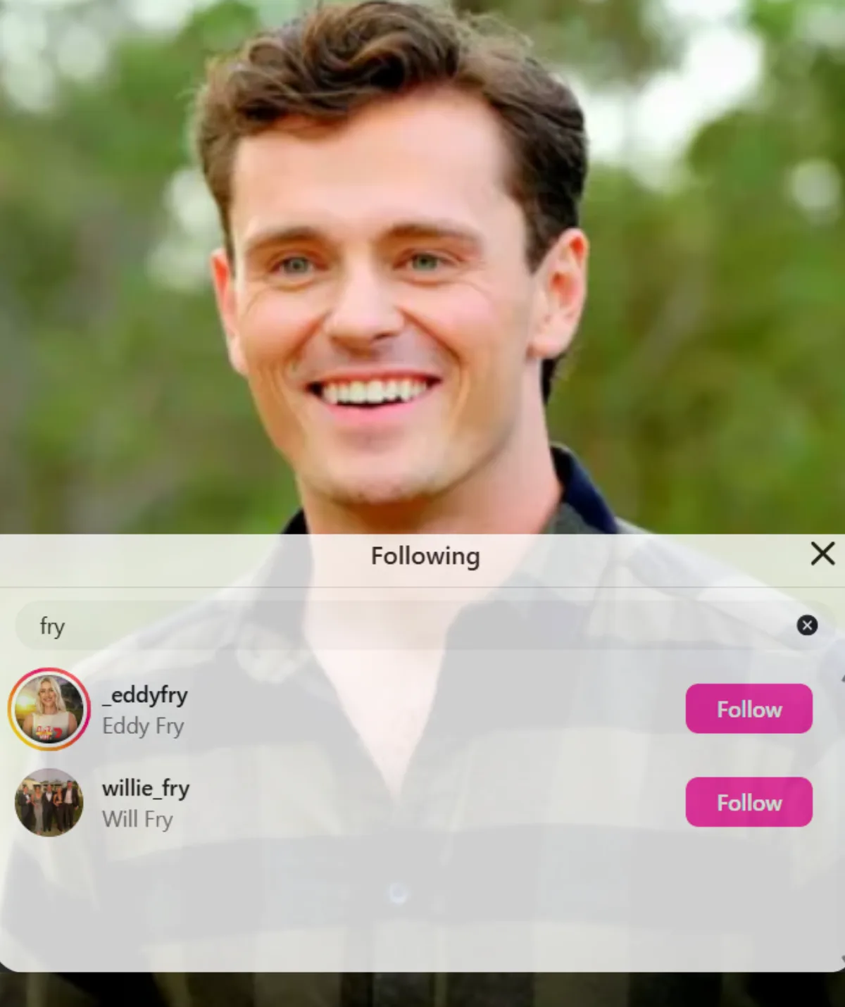 Farmer Alex smiling with a transparent box over the top showing he is following Eddy's sibling on Instagram