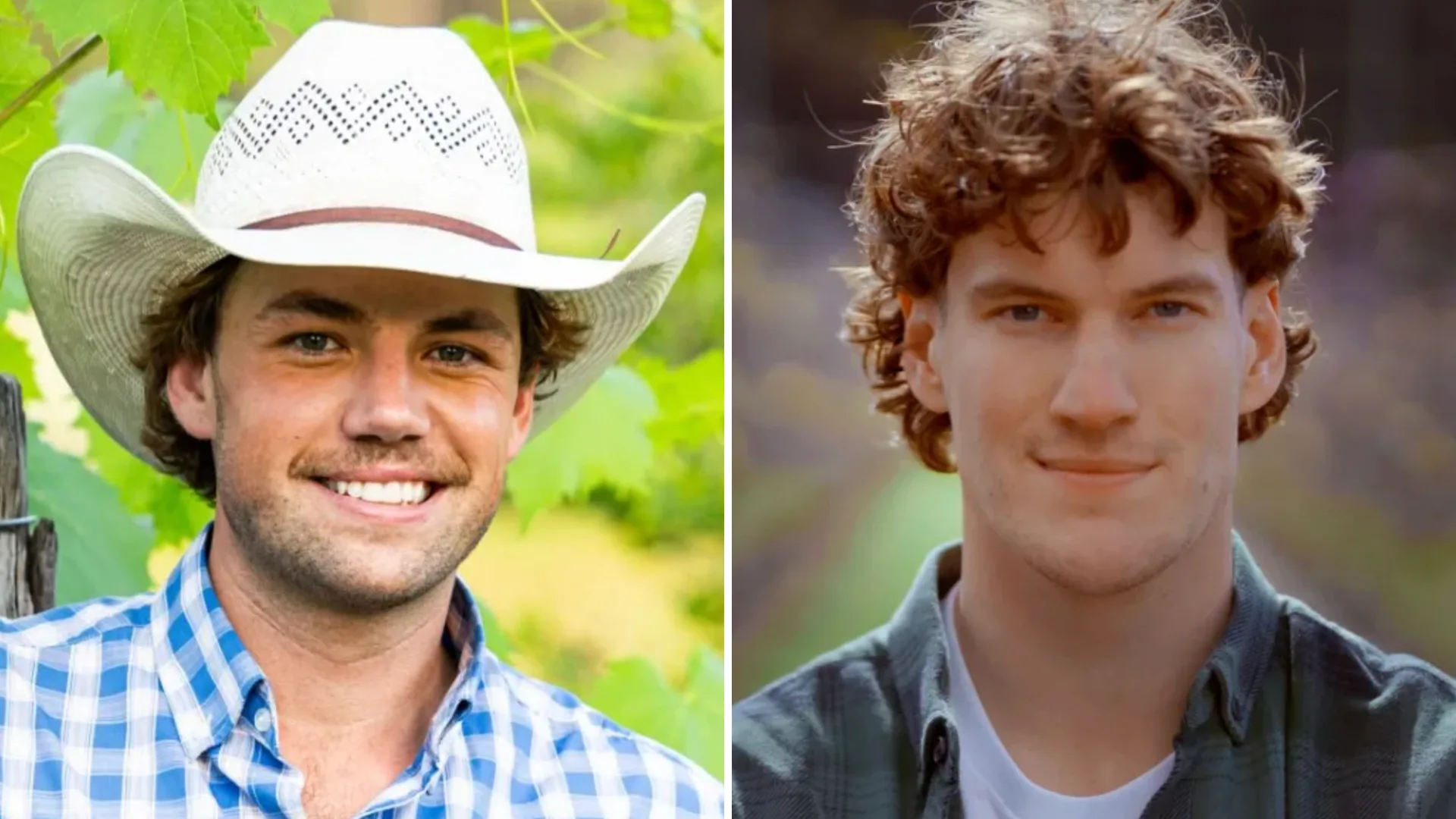 Close up shot of Farmer Dylan in a cowboy hat and Farmer Zac side by side
