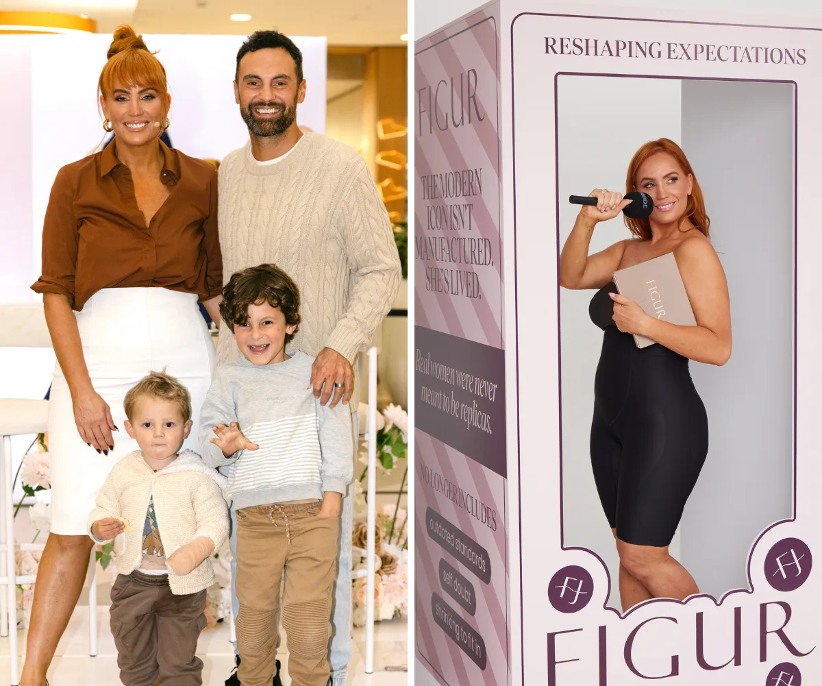 Jules Robinson with husband Cam Merchant and their two sons, and Jules standing in a box for her shapewear launch 