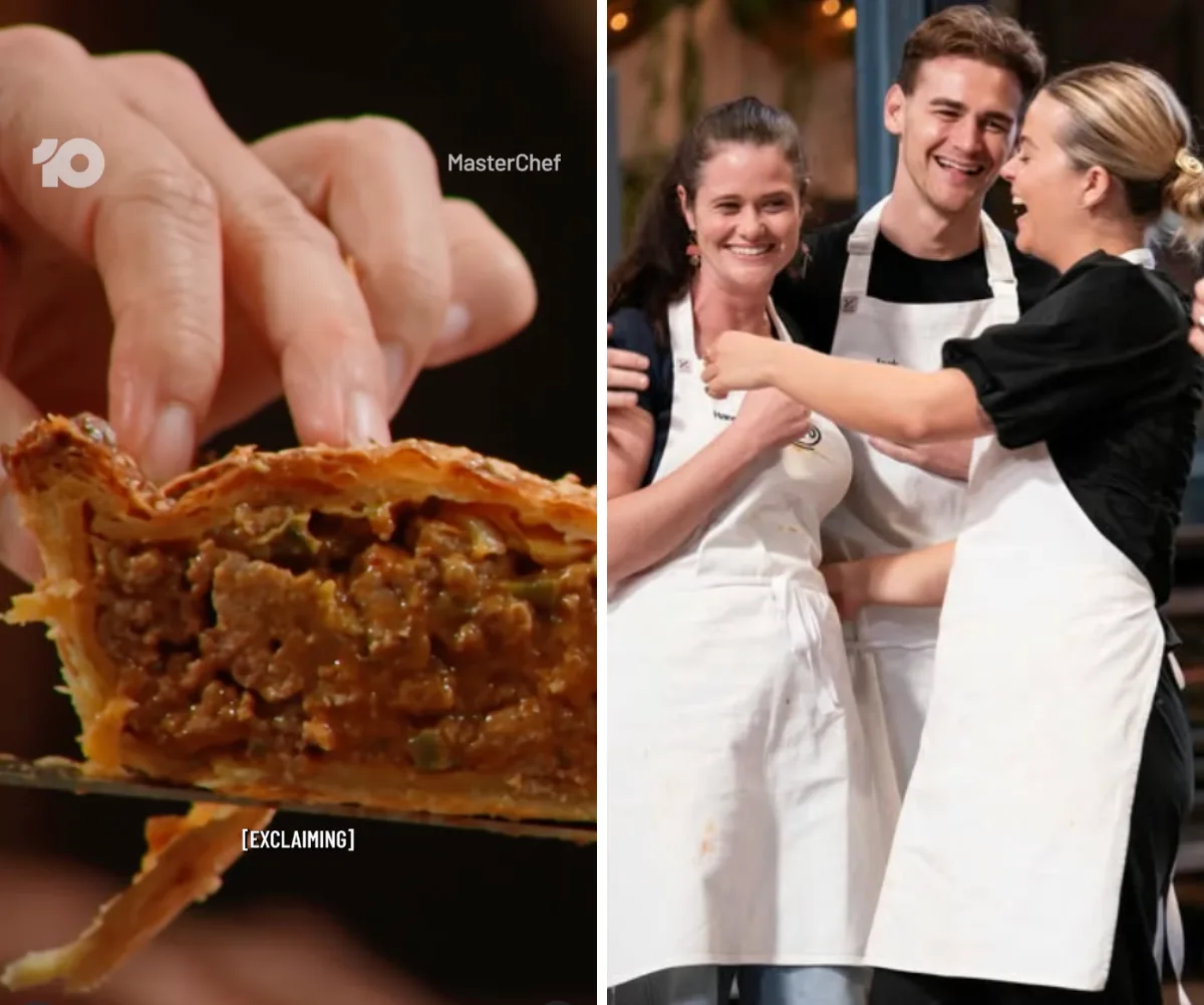 Hannah's cheeseburger pie on masterchef alongside contestants hugging Hannah 