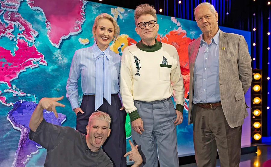 Zan Rowe and John Safran stand on the set of Race Around The World, with Bruce Beresford and Danny Philippou standing next to them