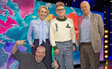 Zan Rowe and John Safran stand on the set of Race Around The World, with Bruce Beresford and Danny Philippou standing next to them