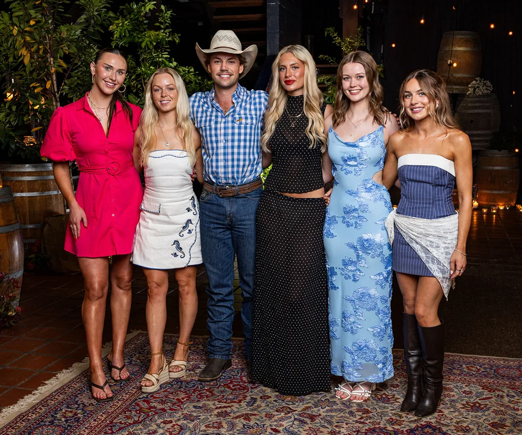 Farmer Dylan stands with five girls he's chosen at the speed dates