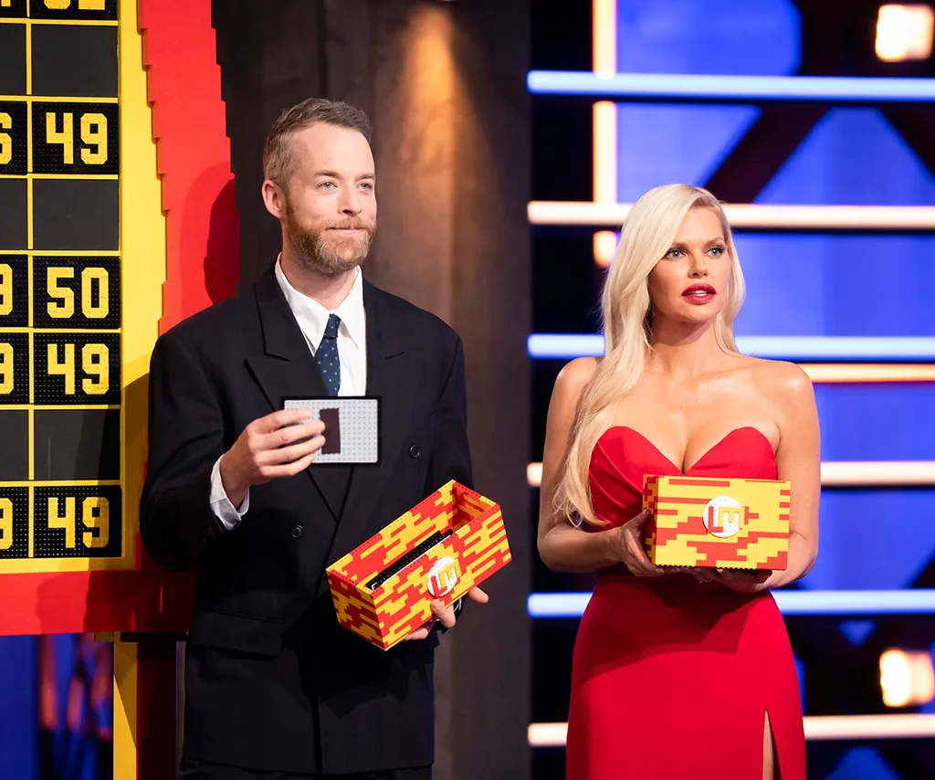 Hamish Blake with Sophie Monk on Lego Masters.