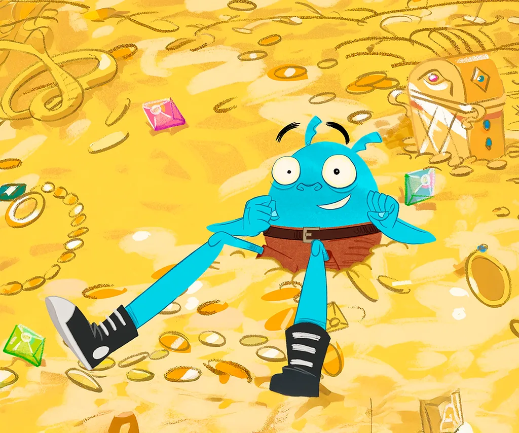 Wizz sits in a pile of gold coins in a still from Do Not Watch This Show
