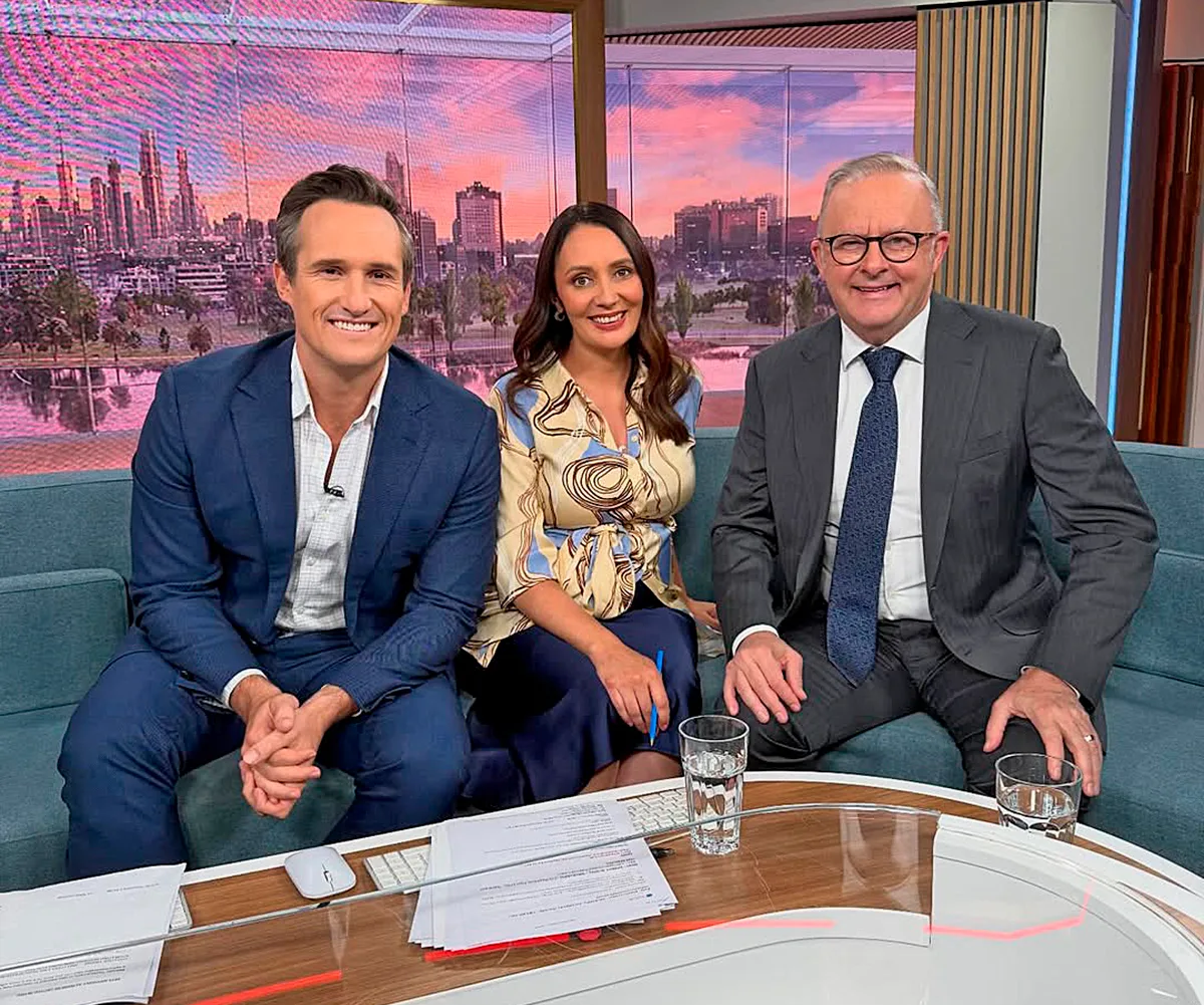 James with PM Anthony Albanese in the News Breakfast studio.