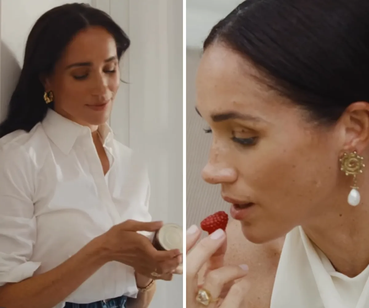 Meghan Markle holding jam and trying a raspberry