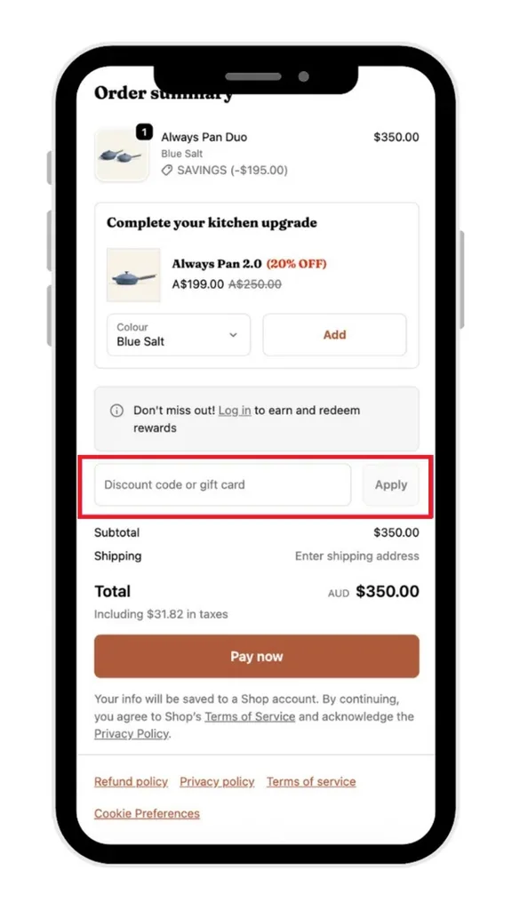 A screenshot showing where to add an Our Place discount code at the checkout on mobile.