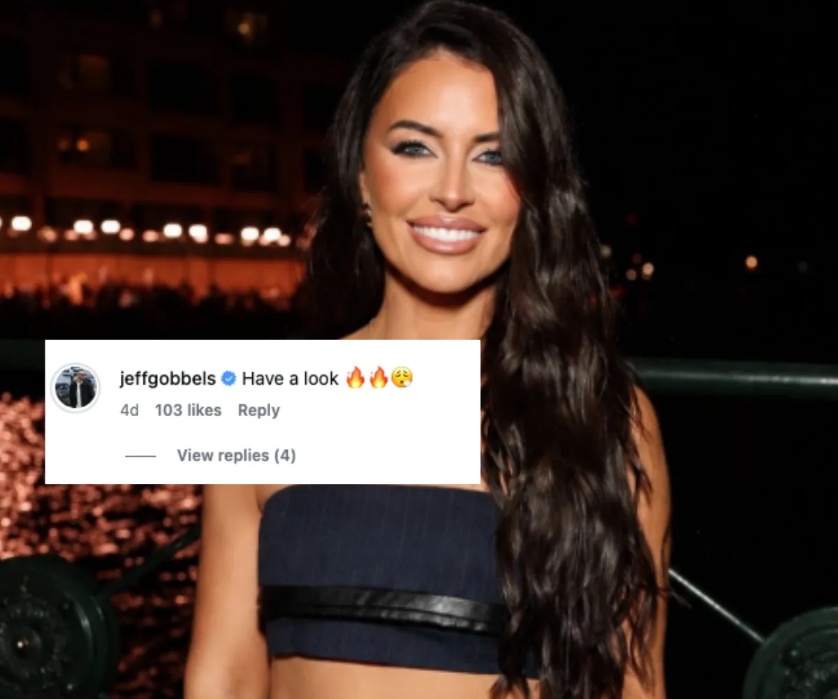MAFS' Rhi smiling for camera with an overlay of a comment from Jess that reads "have a look" with fire emojis