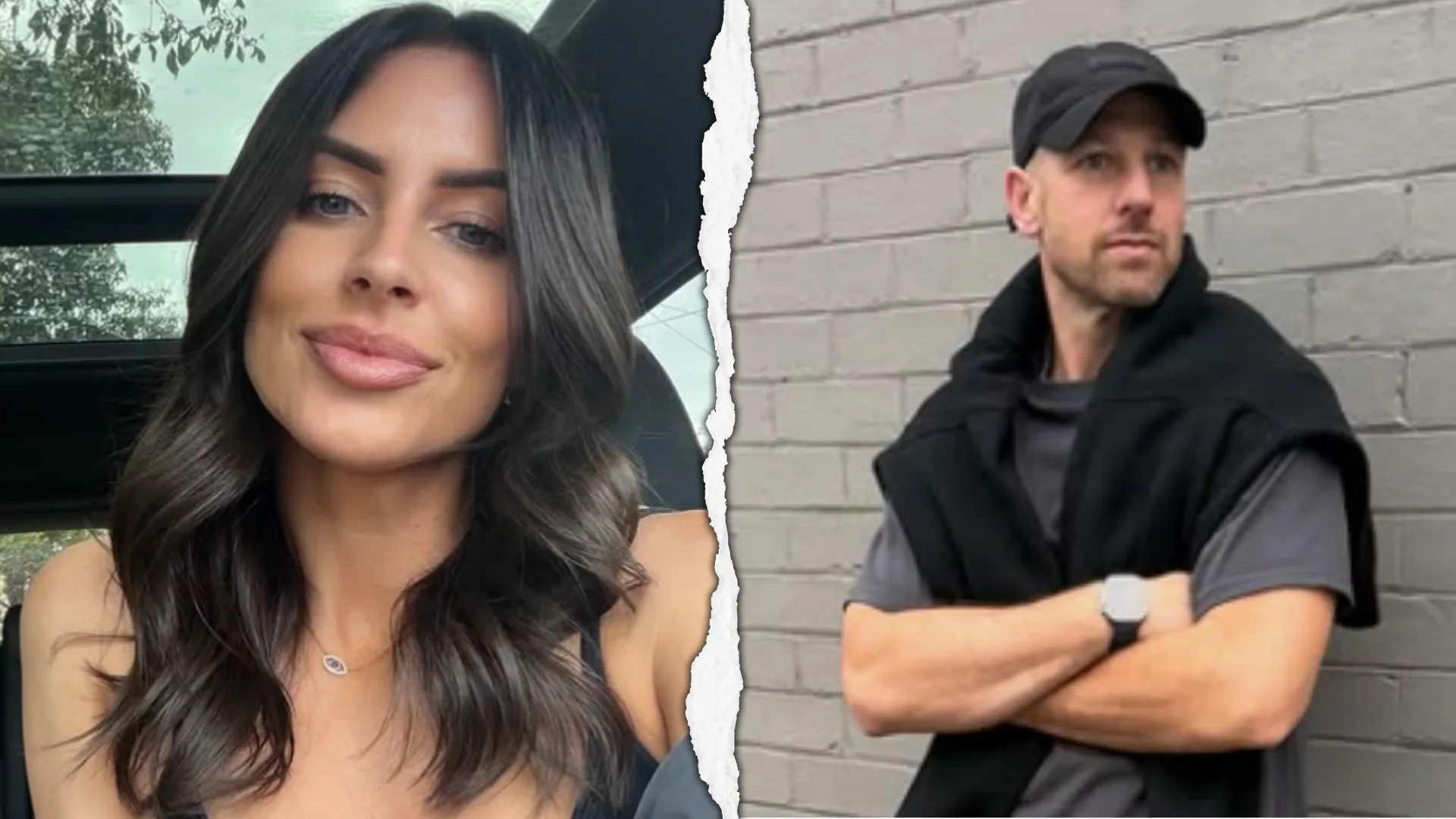 MAFS' Rhi taking a selfie with a split and Jeff Gobbels posing with crossed arms