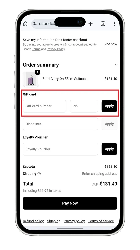 Strandbags discount code guide: the field to add a gift card at the checkout.