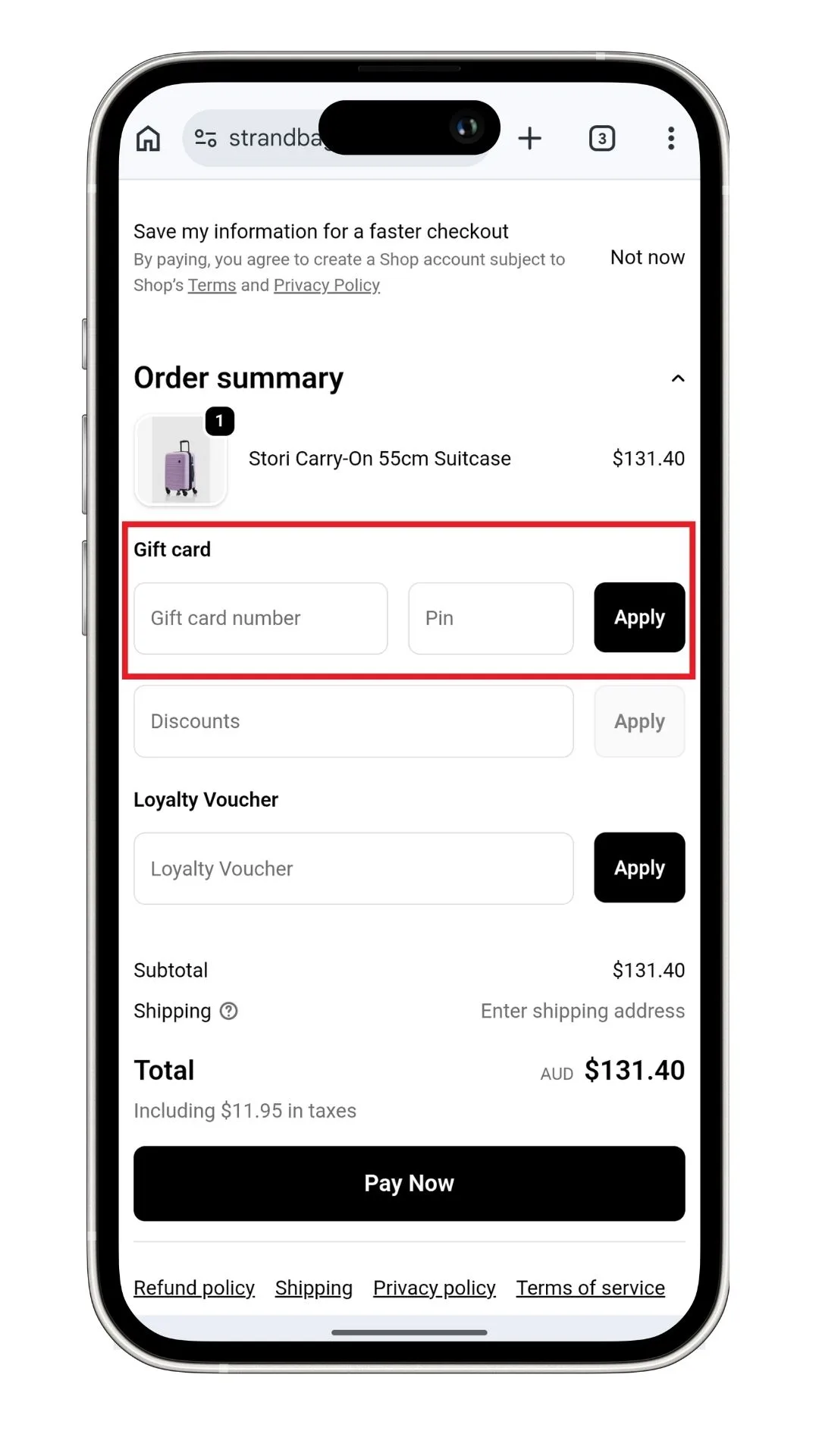 Strandbags discount code guide: the field to add a gift card at the checkout.