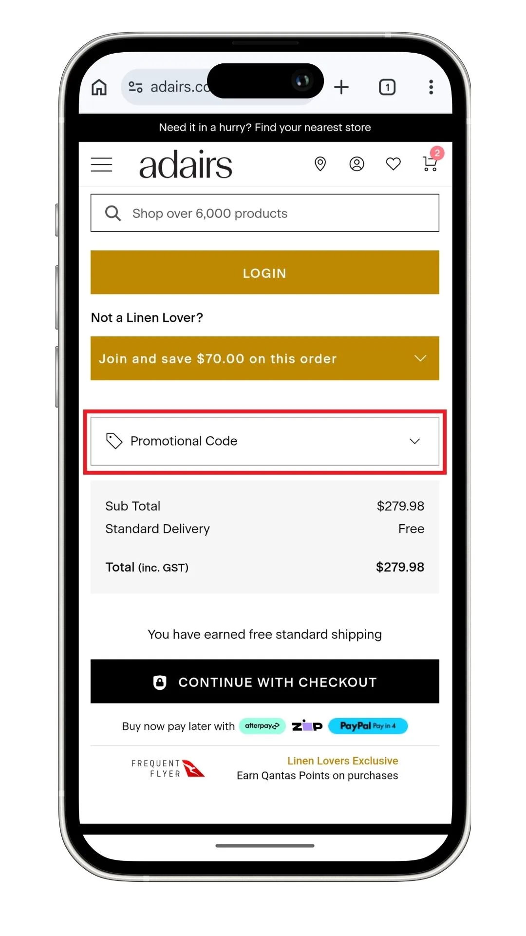 Adairs discount code guide: The 'Promotional Code' section in a cart on mobile. You need to select this to reveal the field for codes.
