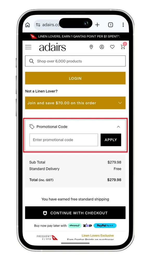 Adairs discount code guide: The expanded field for codes at the checkout on mobile.