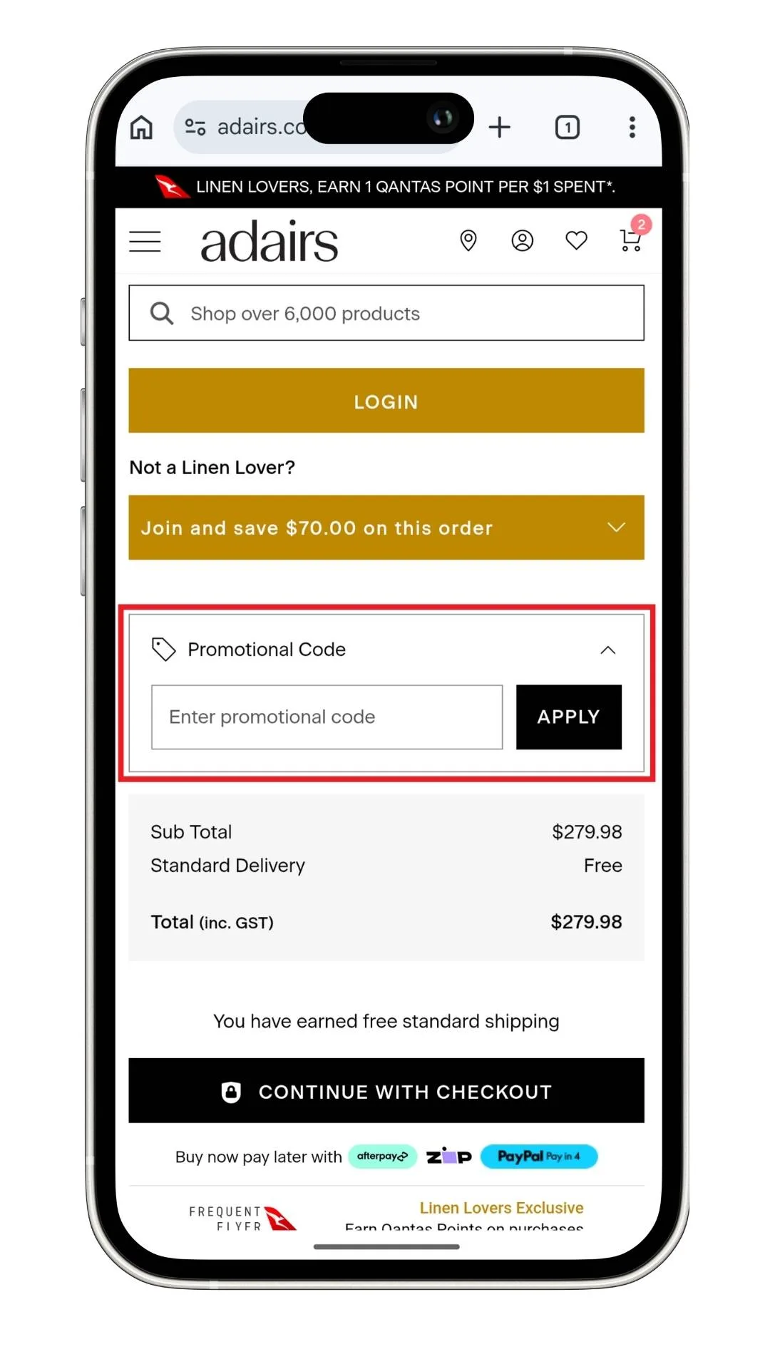Adairs discount code guide: The expanded field for codes at the checkout on mobile.